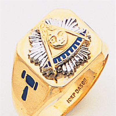 Past Master ring Square front, Compass & Quadrant with Sun - 10K Y&WG