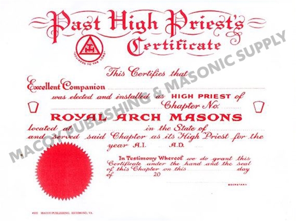 Royal Arch Masons Past High Priest's Certificate